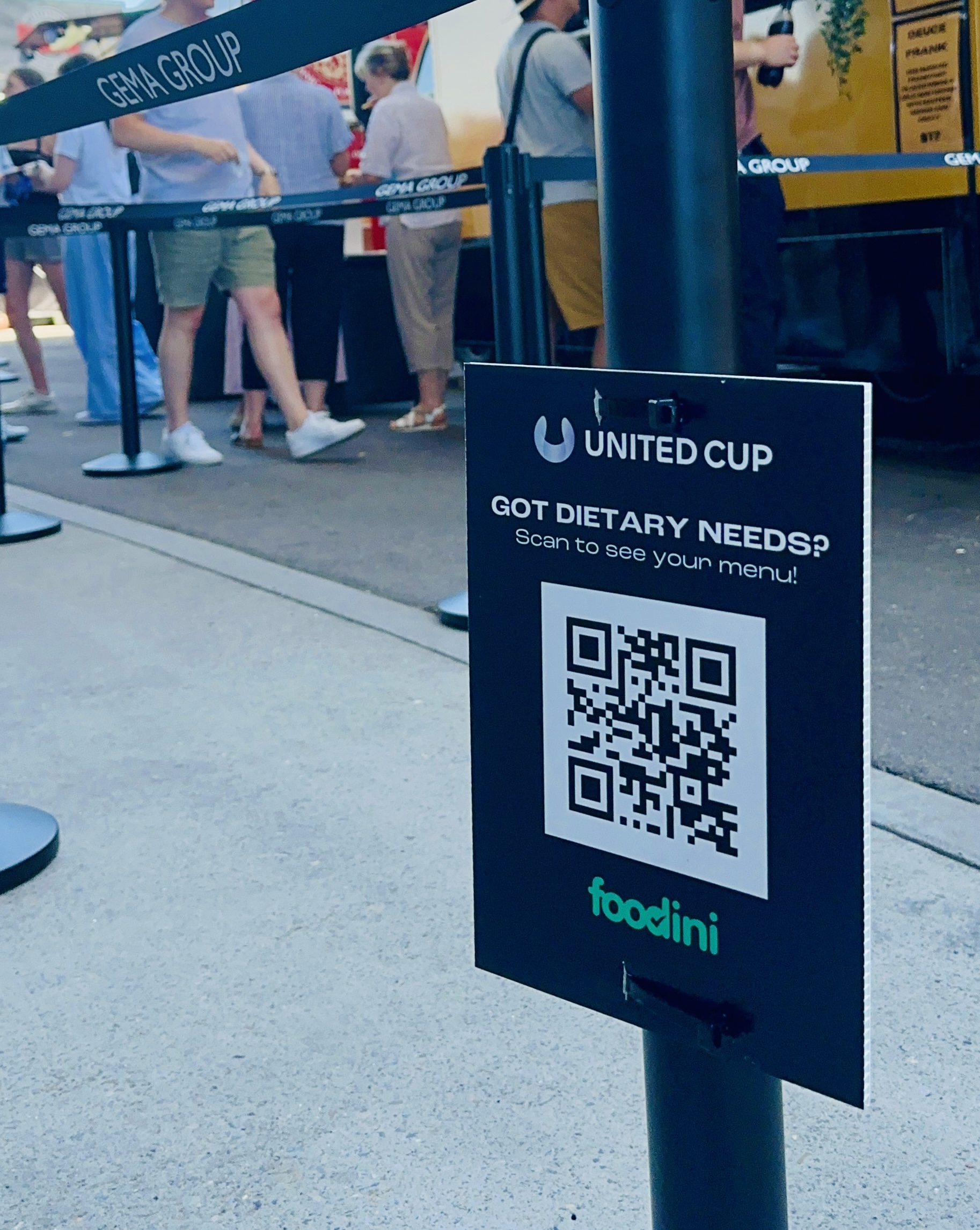 Foodini QR code stand providing dietary information to guests at United Cup